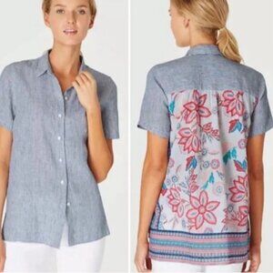 J.Jill Womens Striped Linen Blend Button-Up Short Sleeve Shirt With Floral & Geo